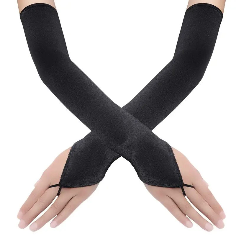 

48cm Women Satin Hook Finger Long Fingerless Gloves Solid Retro Style Opera Evening Dress Accessories Etiquette High Elasticity