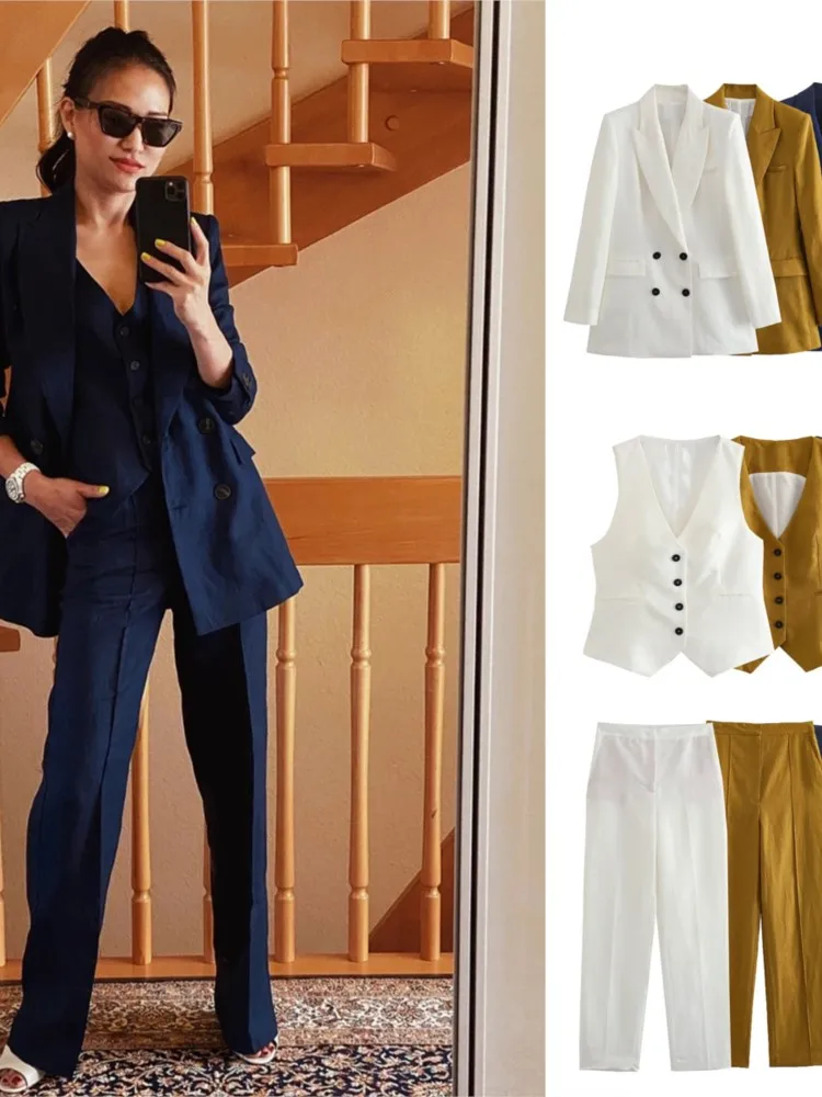 

Женский облегающий однотонный комплект из 2 предметов, модный двубортный блейзер с лацканами и прямые брюки, осенняя Дамская уличная одежда 2023