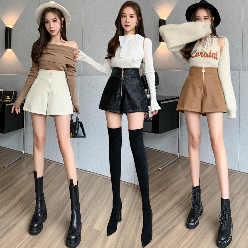 Ladies Fashion OL High Wasited Front Zipper Shiny PU Leather Shorts Women Casual Girls Cute Sexy Booty Shorts Female Outerwear