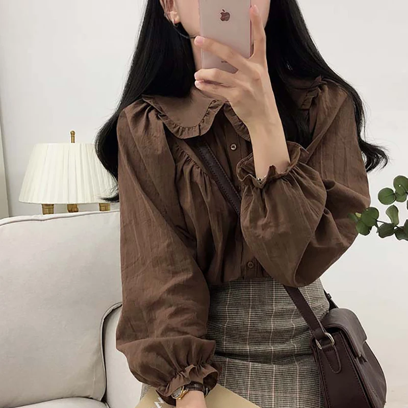 

Button Ruffled Women Blouse Long Sleeve Woman Clothes 2022 Autumn Tops Korean Style Casual Shirts Womens Blouses Chemisier Femme