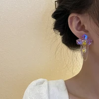 silver needle colorful crystal flower earring wedding ball summer palace style shining earbob ins super fairy long eardrop woman