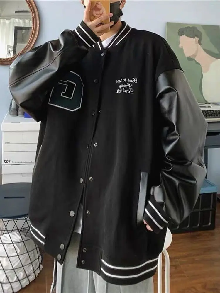 

Patchwork Leather Jacket varsity jacket Men Baseball Uniform 2022 Spring Autumn High Street Vintage Casual Loose Jackets Clothes