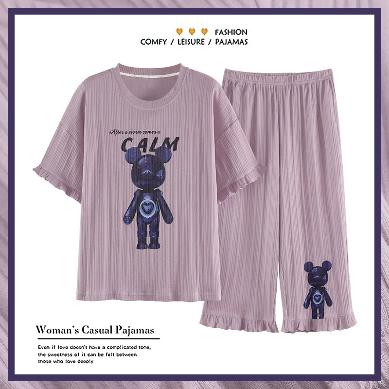 pajamas women's new summer cotton short sleeved pants are sweet and lovely. large clothes suit can be worn outside
