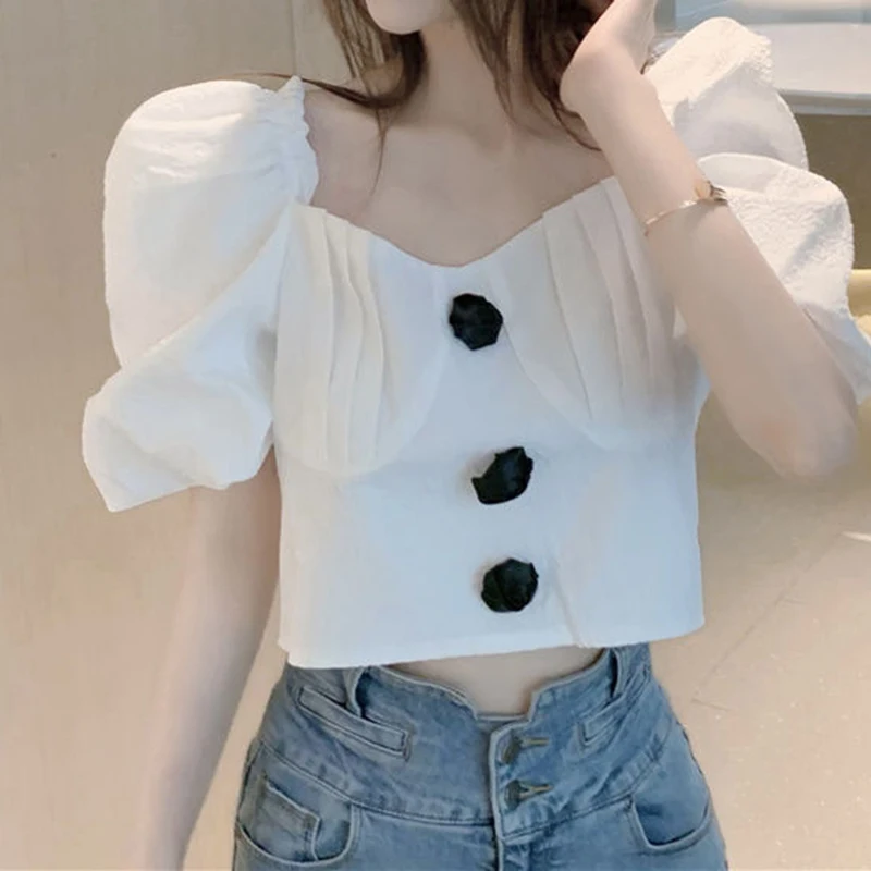 French square collar bubble short-sleeved shirt women's design sense super fairy hot girl high waist short top summer