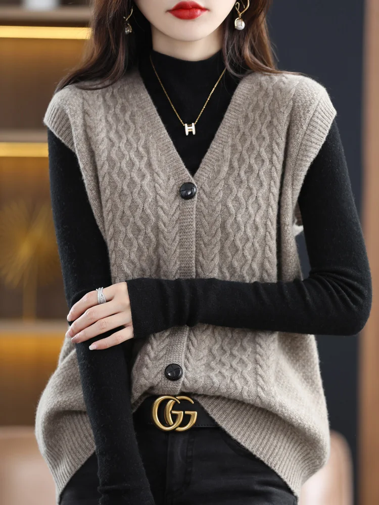 

Autumn Winter 30% Merino Wool Loose Waist Coat For Women V-neck Twist Flower Cashmere Cardigan Female New Fashion Sweater
