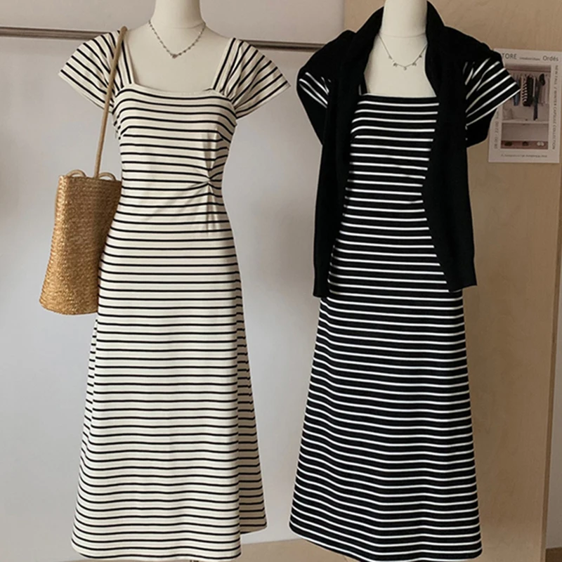 Корейское платье в полоску женское модное облегающее Элегантное летнее пляжное