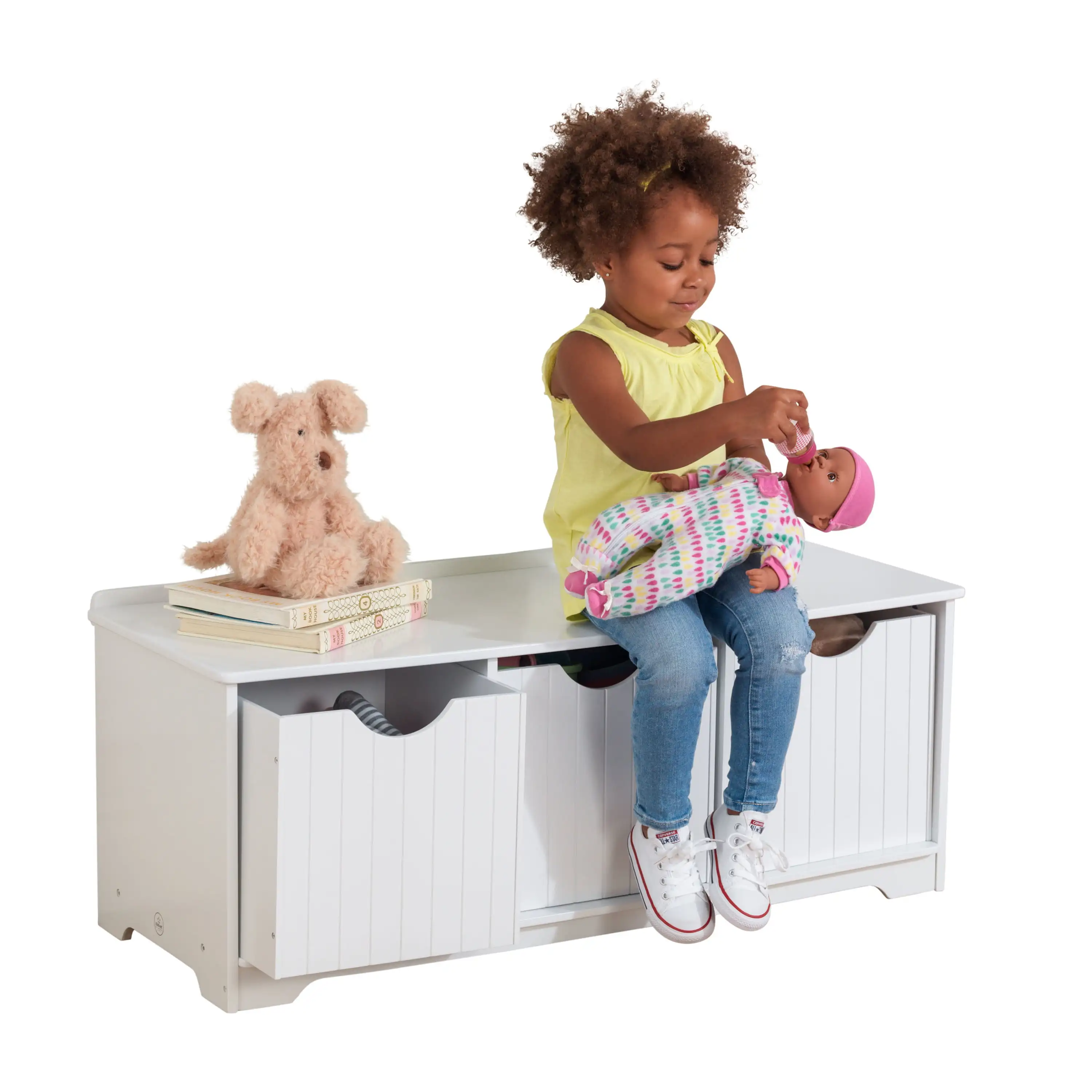 

Nantucket Wood Storage Bench with Three Bins, White