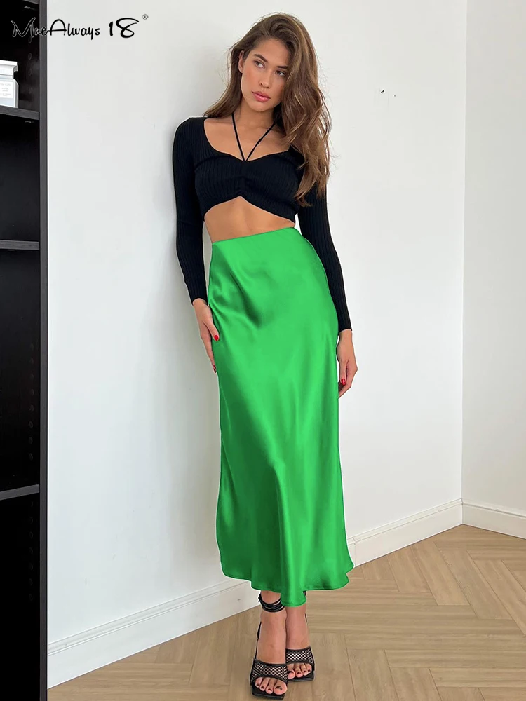 

Mnealways18 Green Silky Women Skirt Chic Flowing Skirts Satin High Waisted Drape Midi Skirt Office Ladies Elegant A-Line Skirts