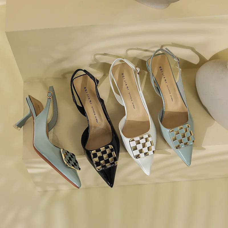 

276-2 Pointed Toe High-heeled Shoes Women's Thin Heel Shallow OL Elegant French Style Sandals Back Strap Retro Slingbacks
