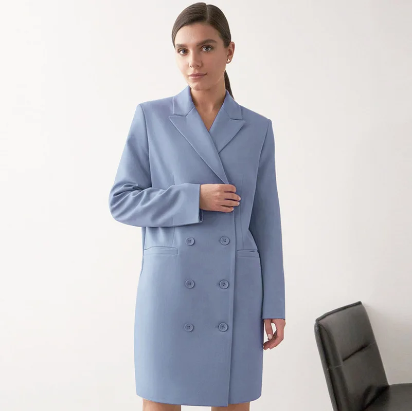 Women Office Blazer Dress Double Breasted Elegant Fashion Blue Casual Suit 2021 New Long Sleeve Solid Colors Work Blazer Dresses
