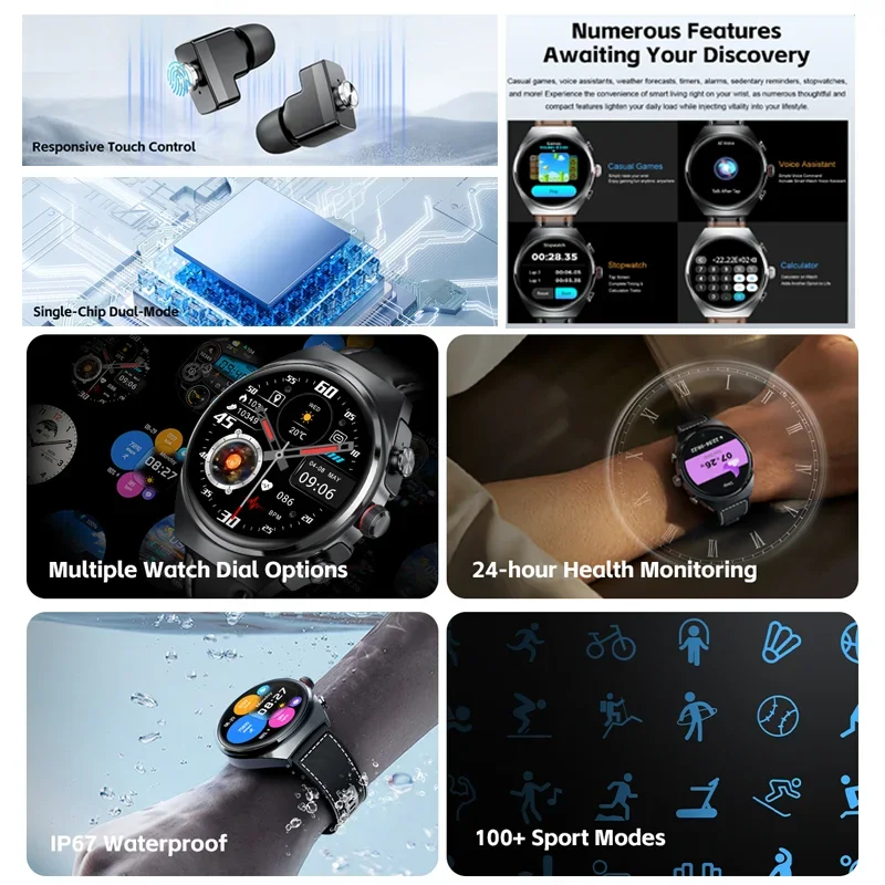 Новые умные часы для мужчин Два в одном TWS Беспроводная гарнитура Bluetooth Вызов NFC