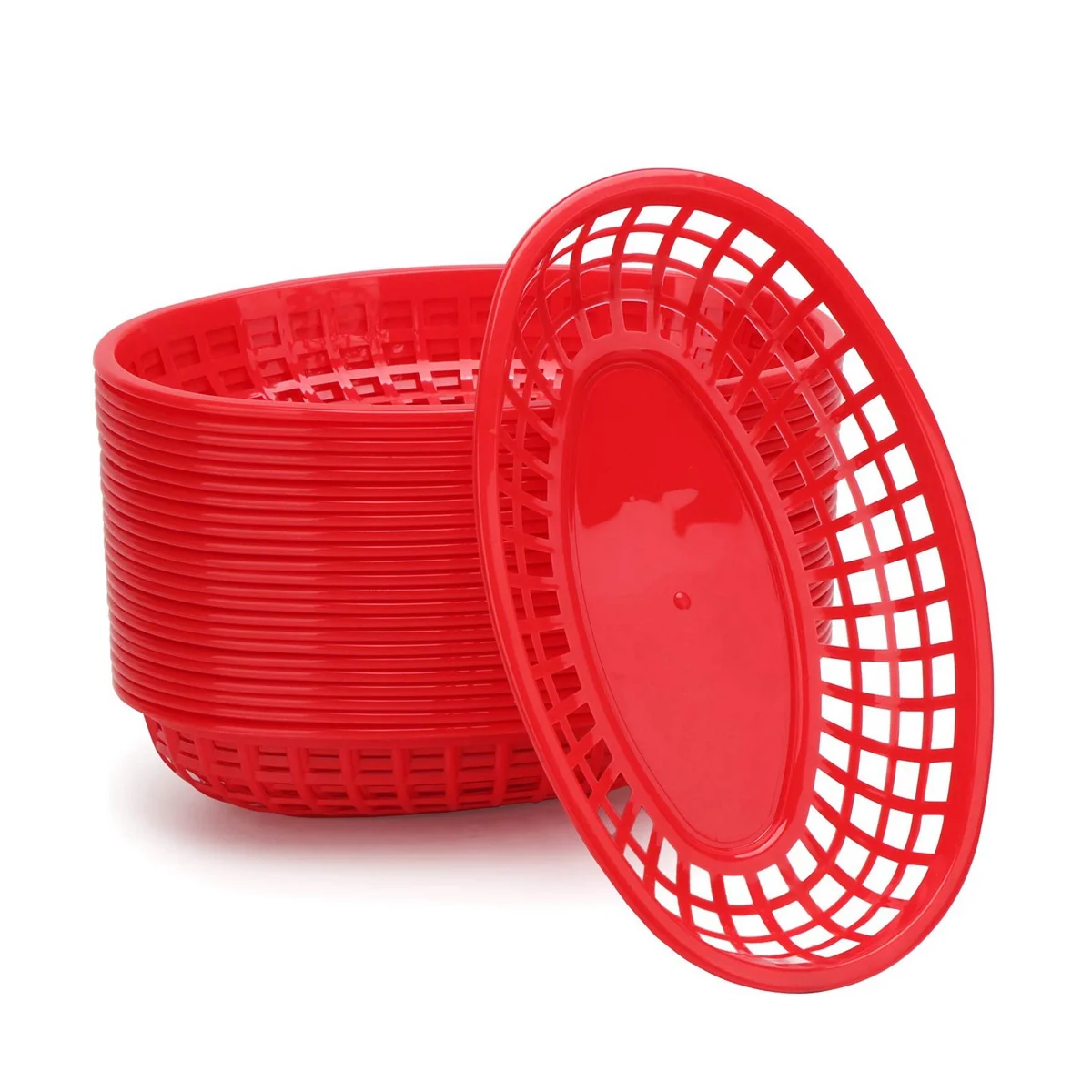 

24Pcs Plastic Basket Serving Tray French Fries Basket Oval Fast Food Tray Restaurant Bar Fries Food Service Tray Red