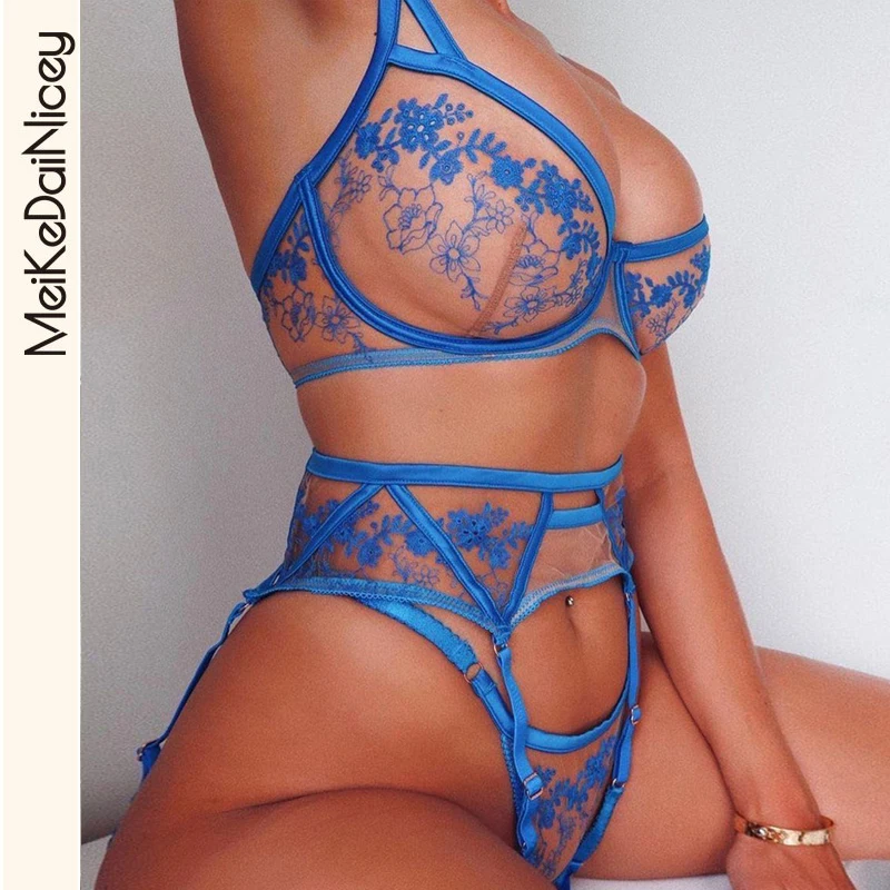 

MeiKeDai Erotic Lingerie Embroidery Intimate Underwire Women's Underwear Blue Kiss Sexy Transparent Brief Graters Bra Breves Set