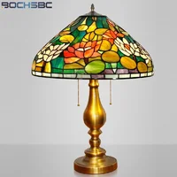 BOCHSBC Tiffany Desk Lamp Rose Lotus Flower Stained Glass Table Light Colorful Lampshade Handicraft Home Decor Pink Red Lighting