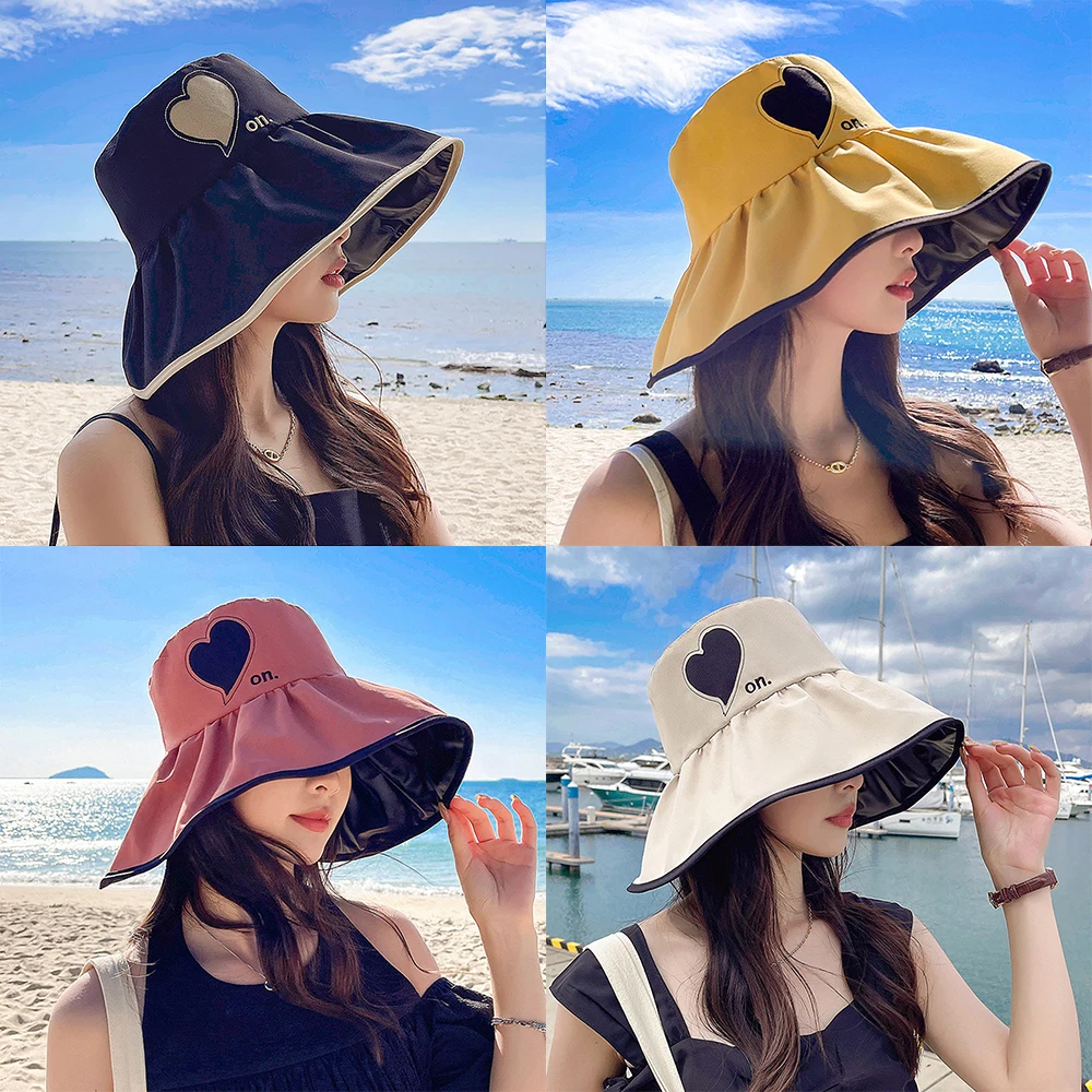 

Summer Beach Love Heart Windproof Vinyl Sun Protection Bucket Hat For Women Sunshade UV Big Eaves Fisherman Cap Foldable 2022