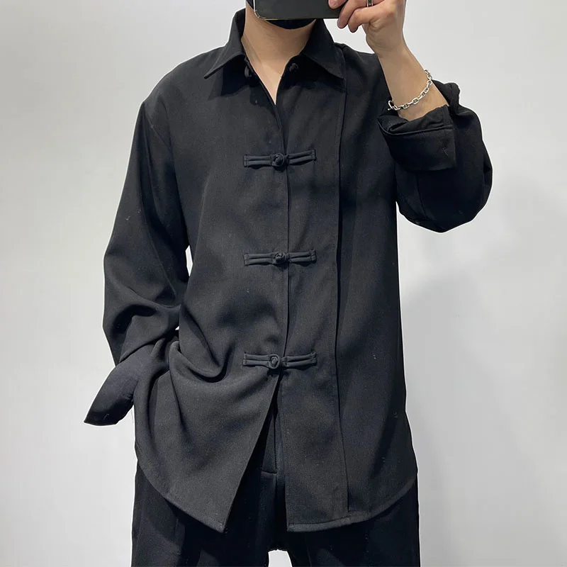 Spring New Large Size Chinese Wind Plate Mouth Design Loose No Iron Men's Korean Version Simple Fashion Lapel Shirt