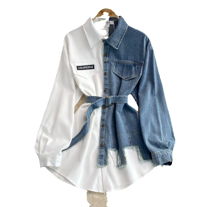 Джинсовое лоскутное платье с лацканами на осень-зиму новая корейская версия