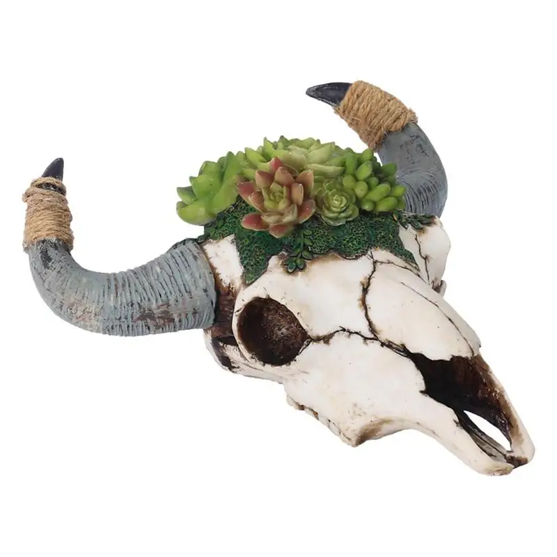 

Bull Head Skull Wall Decor Western Halloween Cow Skull Decor 3D Realistic Cow Skull Statue Skeleton Animal Head With Succulent