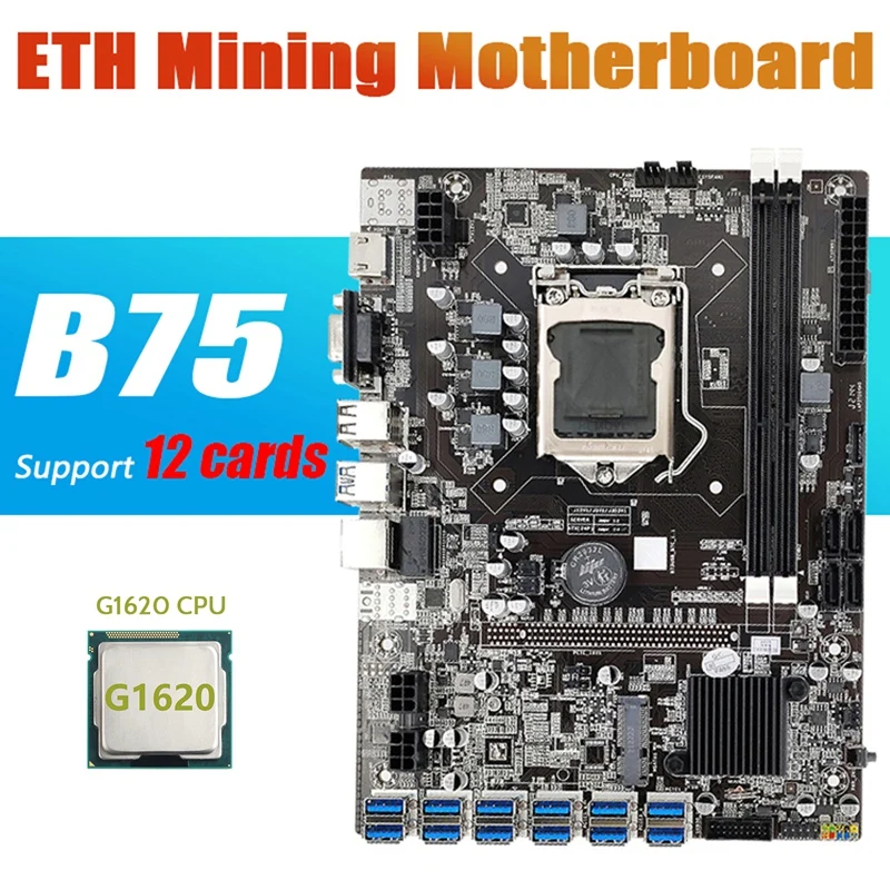 

B75 ETH Mining Motherboard 12 PCIE To USB With G1620 CPU LGA1155 MSATA Support 2XDDR3 B75 USB BTC Miner Motherboard