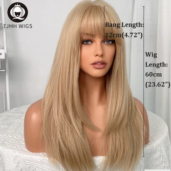 7JHH Wigs Blonde Color Long Straight Synthetic Wig with Bangs Woman Natural Wigs Heat Resistant Fake Hair for Cosplay Girls 2