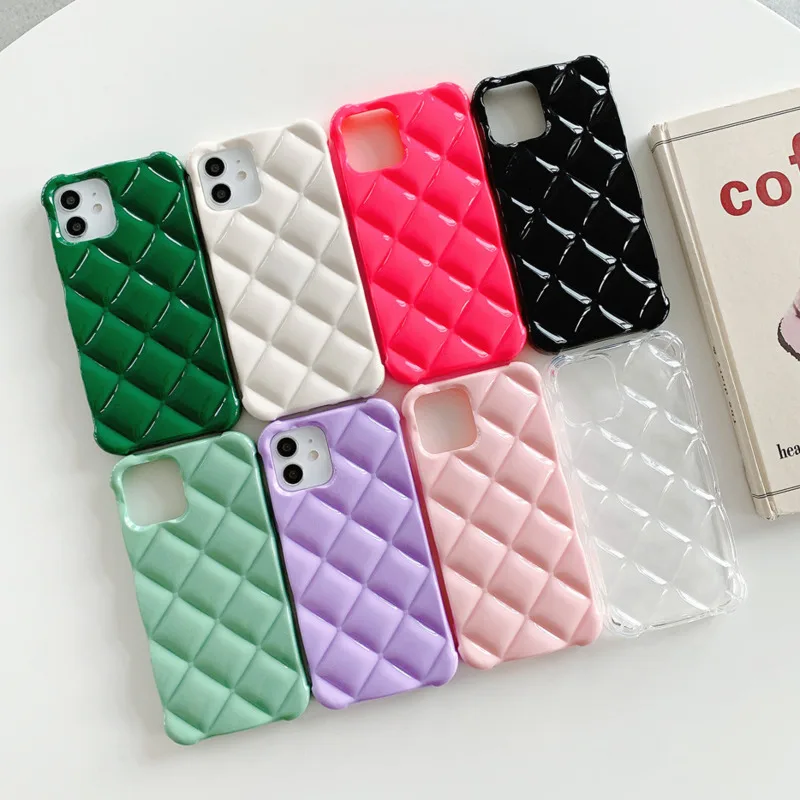 

3D Luxury Rhombus Phone Case for IPhone 11 12 13 Pro Plain Cute Soft Cover Glossy Cover for iphone X XR XS Max 7 8 Plus SE2020