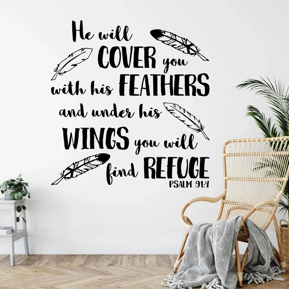 

Psalm 91:4 Wall Decals He Will Cover You With Feathers Quotes Stickers Vinyl Religious Bible Verse Bedroom Decor Murals HJ1350