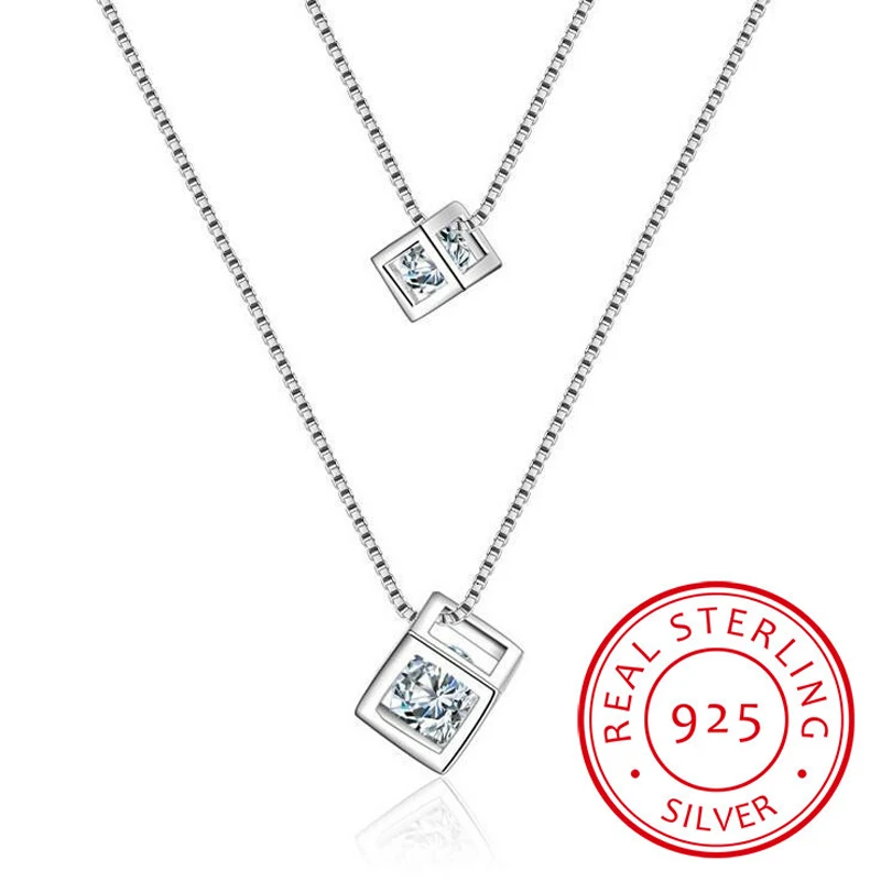 

925 Sterling Silver Square Cube Zirconia Choker Statement Necklace For Women Double Layer Pendants & Necklaces S-n209