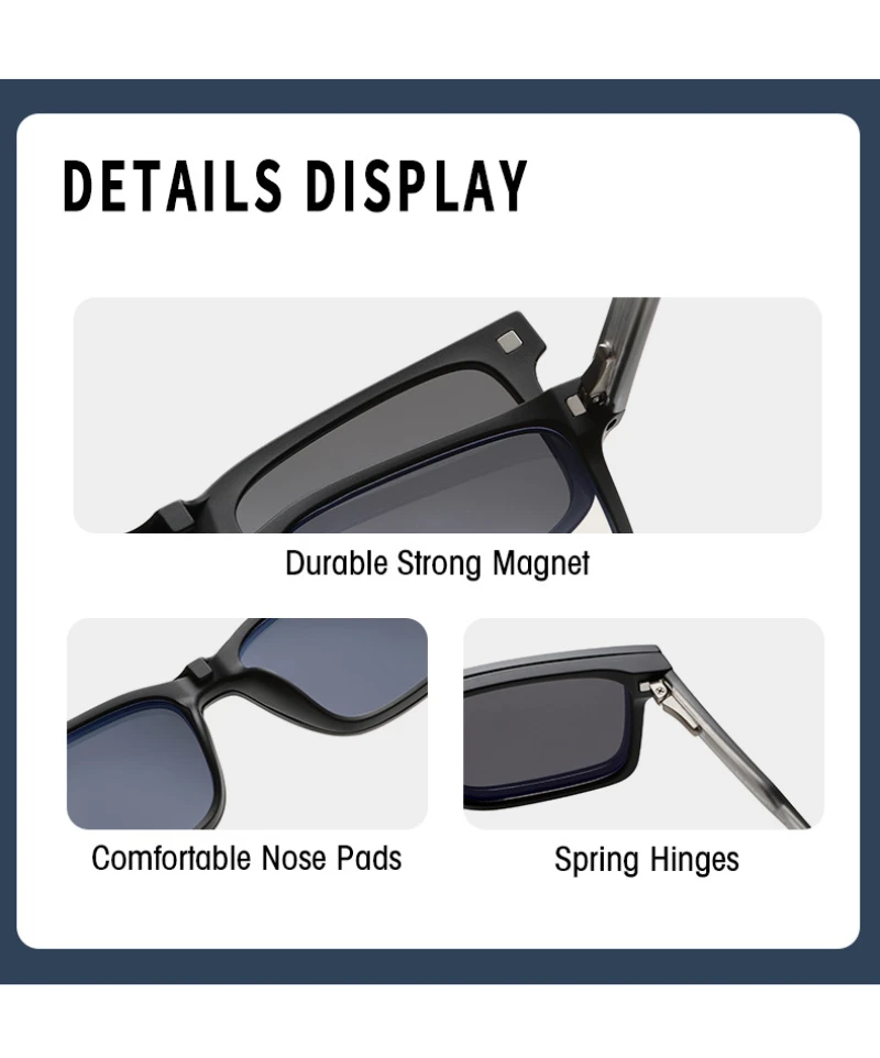 Фото Очки BEMORE Square Acetate Clip-on с диоптриями, женские, поляризационные, с защитой от УФ400, магнитные, оптические №2