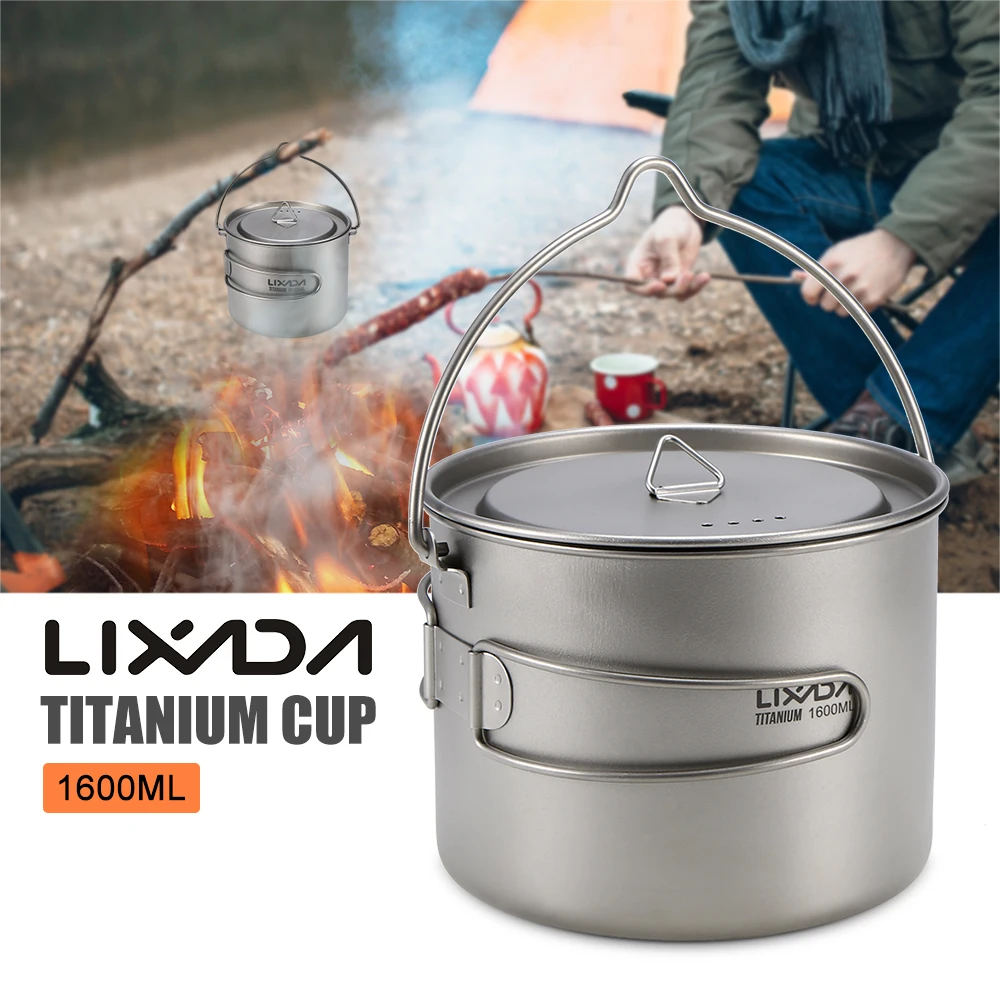 Lixada 900ml/1600ml Titanium Pot Ultralight Portable Hanging Pot with Lid and Foldable Handle Outdoor Camping Hiking Backpacking