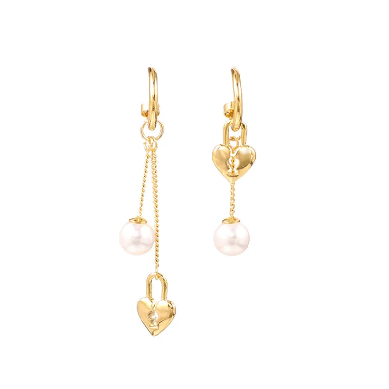 Trendy Korean Asymmetric Heart Lock Pearl Drop Earrings For Women Gold Color C Shape Long Tassel Earrings  Wedding Party Jewelry images - 6