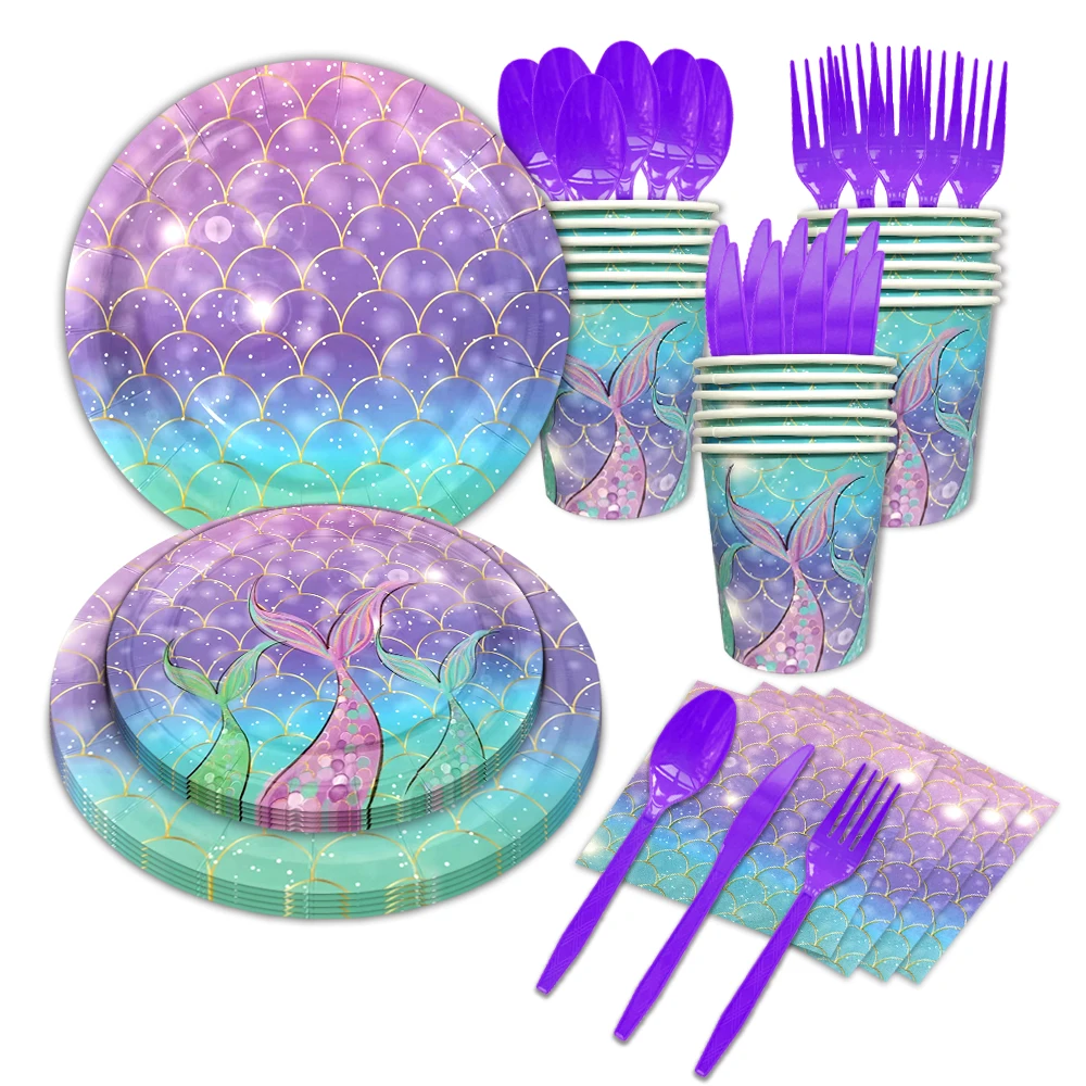 

Disney Movie Mermaid Theme Party Supplies Birthday Home Party Decorations Disposable Tableware Paper Plates Straws Napkins Cups