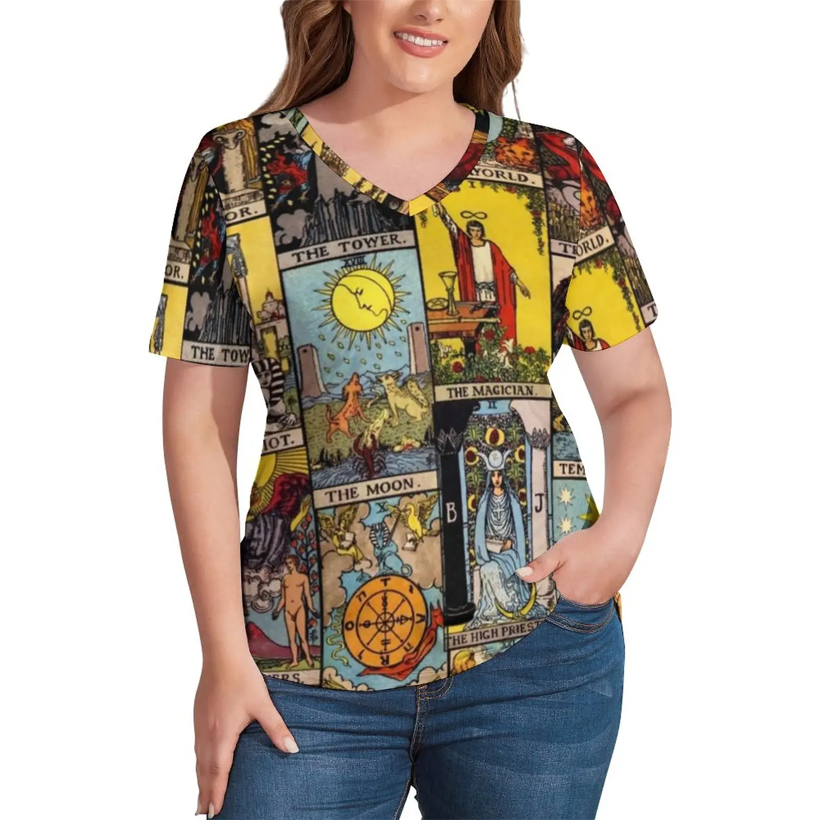 

Vintage Moon T-Shirt Plus Size Tarot Art Collage Hip Hop T Shirts Short Sleeve V Neck Street Wear Tees Woman Beach Print Clothes