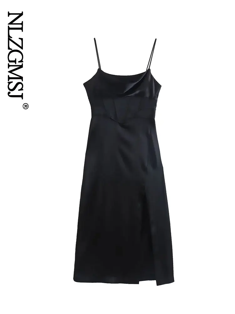 

Nlzgmsj 2022 Stain Sexy Backless Elegant Party Dresses Women Split Spaghetti Strap Midi Bodycon Dress Robe 202206
