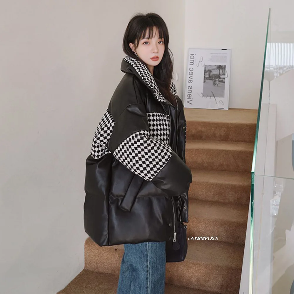 

Brand Women Winter Jacket Parka Turtleneck Warm Puffer Coat 2022 High Quality Fashion Tweed Stitching Padded Jackets Ladies