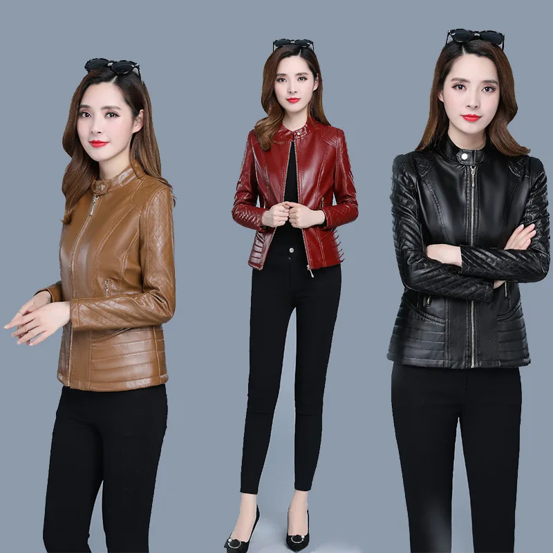 Slim Skinny Vintage Fashion Faux Leather  Coat Office Lady  Korean Short Stand Collar Women's Leather Jacket Zipper Pu Jacket