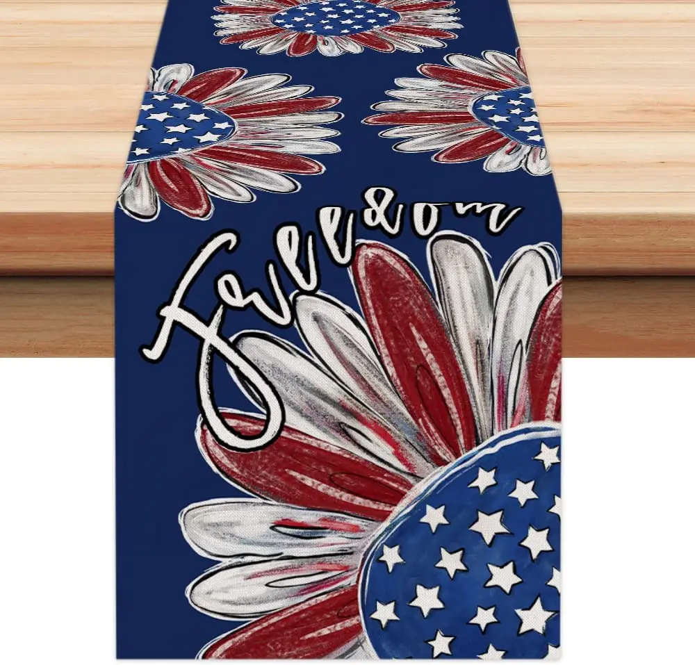 

4th of July Linen Table Runner America Patriotic Memorial Day Table Decor Independence Day Holiday Party Dining Table Runners