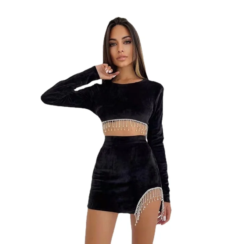 

Two Piece Sets Womens Outifits Tassel Long Sleeve Crop Top Spring Winter New Sexy Mini Skirt Dresses Sets Sexy Outfits for Woman