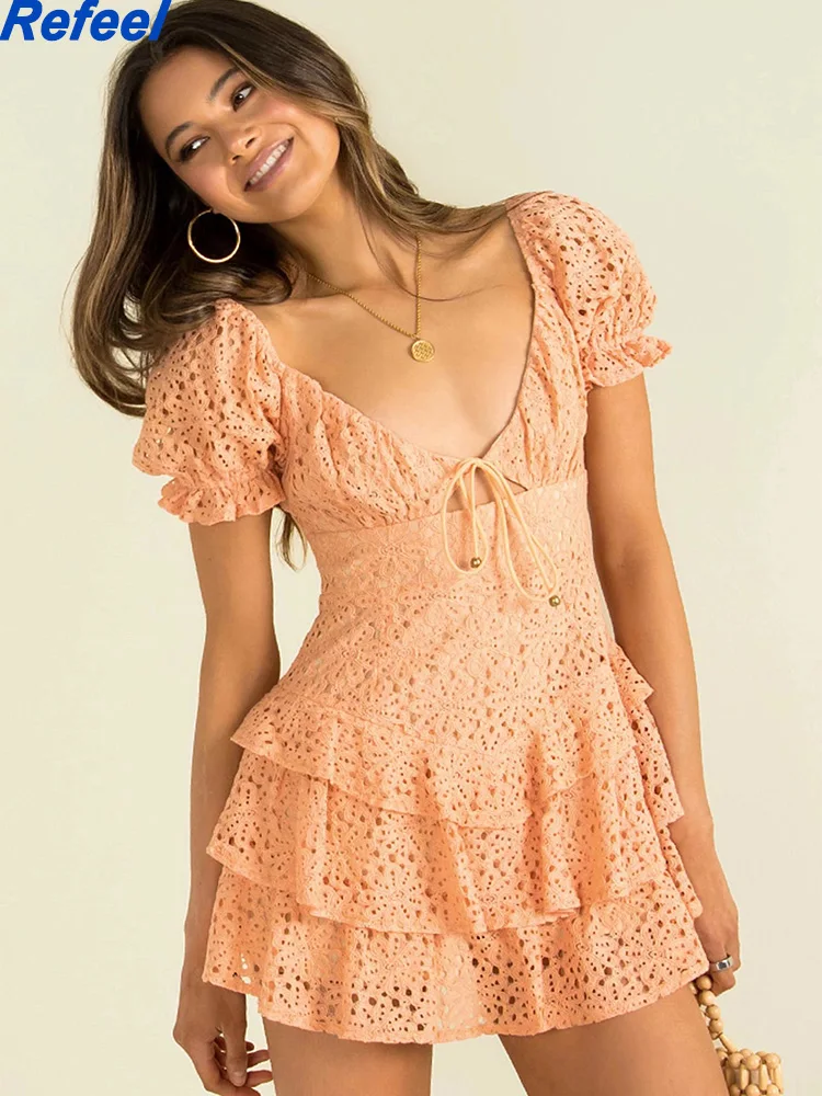 

Puff Sleeve Short Sleeve Square Collar Lace Mesh Mini Dress Lace-up Bow Summer Elegant Ruffles Short Summer Dress