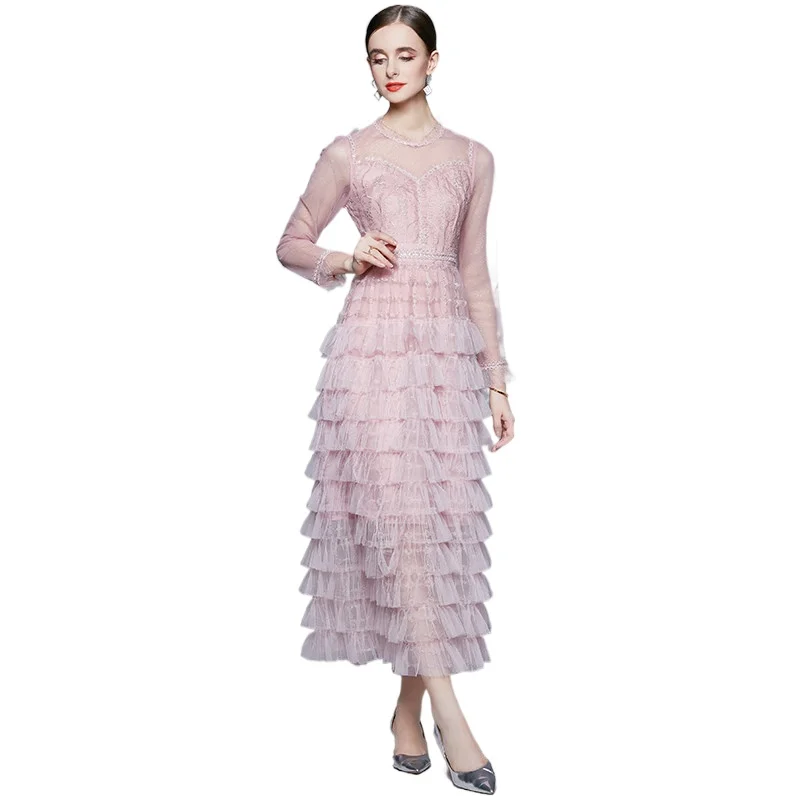 

Simgent Luxury Dress Women 2022 New Fashion Mesh Lace Embroidery Elegant Long Cake Dresses Woman Clothing Vestidos SG29308