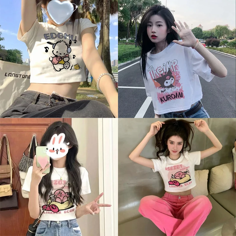 

Аниме серия Kawaii Sanrio Kuromi летняя Новинка Y2K футболка с короткой талией милые Мультяшные почтовые свободные с принтом Ins Короткие рукава