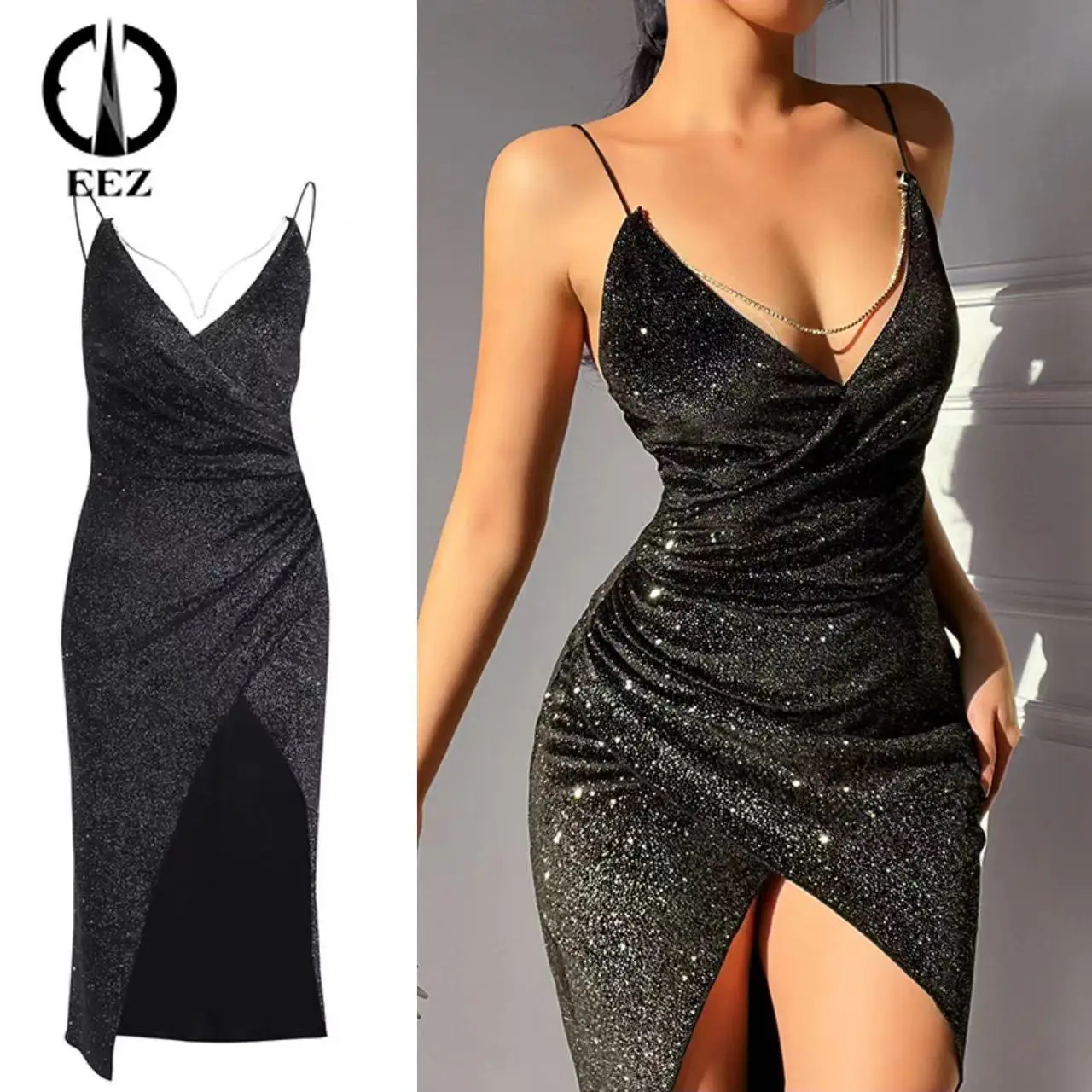 

【with Diamond Chain】Black V Neck Strap Midi Dress Women Side Slit Ruched Bodycon Backless Slim Coquette Dresses Sexy Streetwear