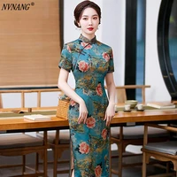 nvnang chinese cheongsam spring and autumn new long split cheongsam slim modified chinese style peony flower dress