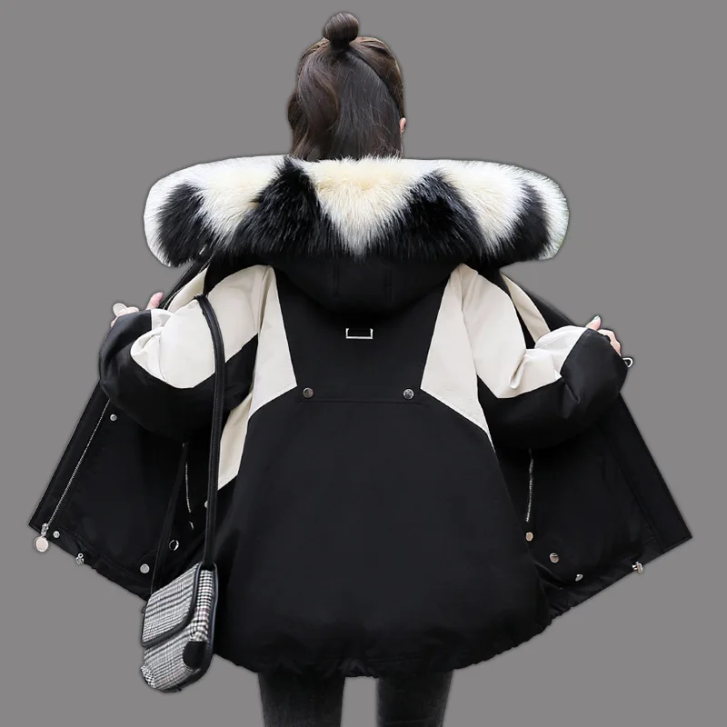 2022 Winter New Women Parka Down Jacket Fashion Design Sense Stitching Casual Loose Plus Velvet Warm Fur Collar Plus Size Coat