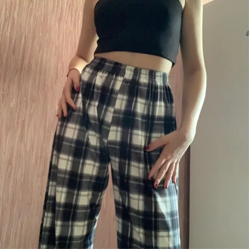 

Fashion Wide Leg Pants Womens Hot Sale Summer Fall Chic High Waist Streetwear Vintage Plaid Pants Casual Female Trousers 2021