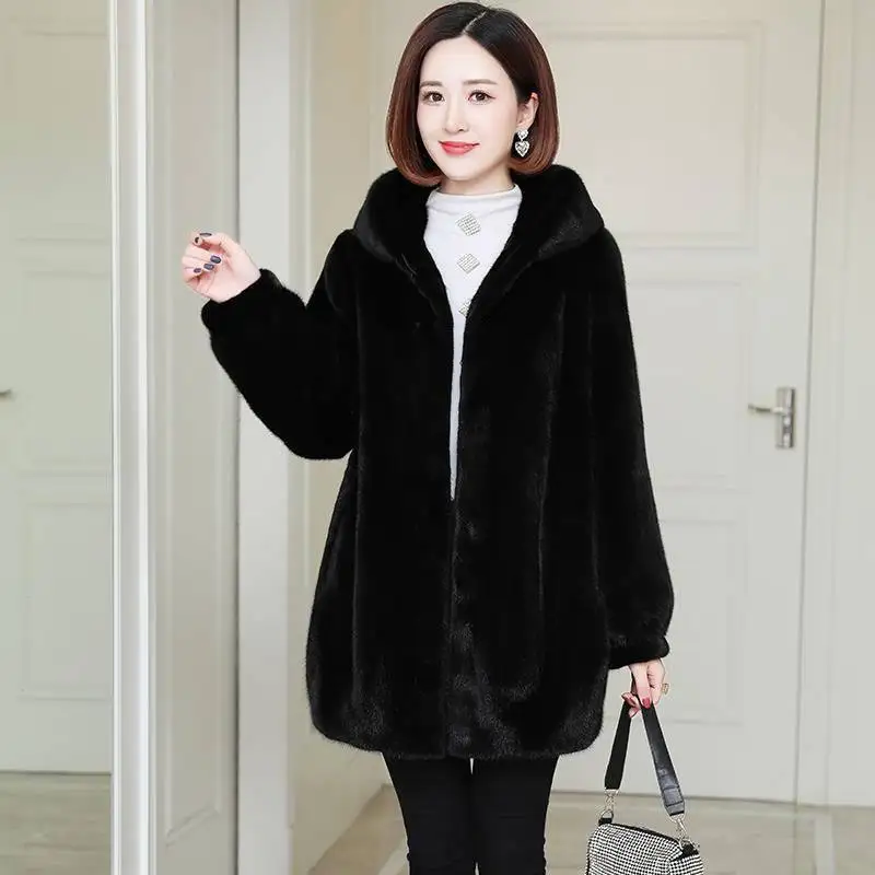 Winter Women Imitation Mink Velvet Overcoat Thick Warm Outwear Hooded Mid Length Faux Fur Coat for Women