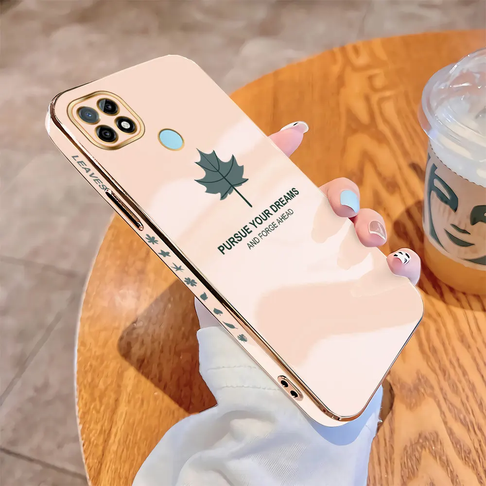 

For Realme C21 C21Y C25Y C20 C20A C17 C15 C12 C11 C2 Luxury Square Case Maple Leaf Plating Cover Shockproof Soft TPU Cases