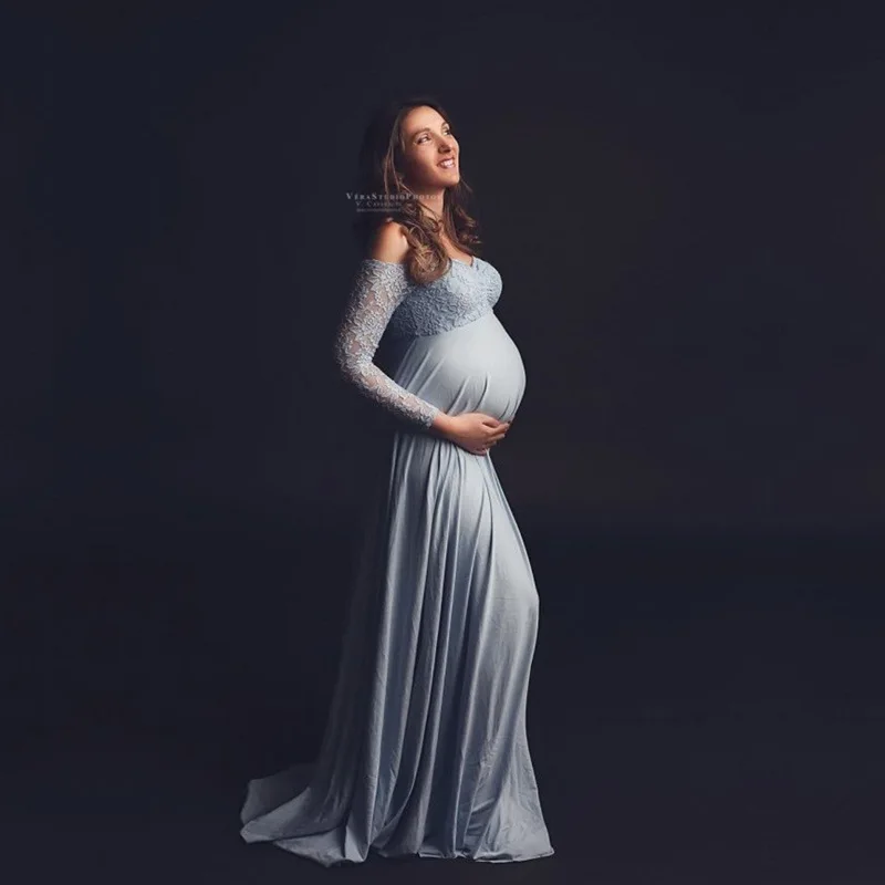 Maternity Dresses for Photo Shoot Baby Showers  Pregnant Women Lace Stitched Long Sleeve Summer  Grossesse Vestidos enlarge