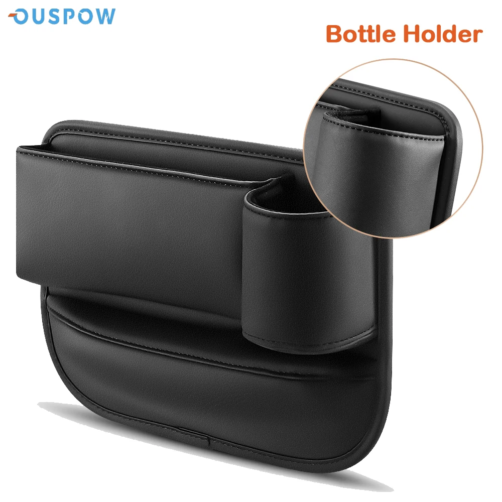 

Ouspow Car Console Side Storage Bag PU Leather Portable Storage Box Car Console Side Gap Filler with Bottle Holder