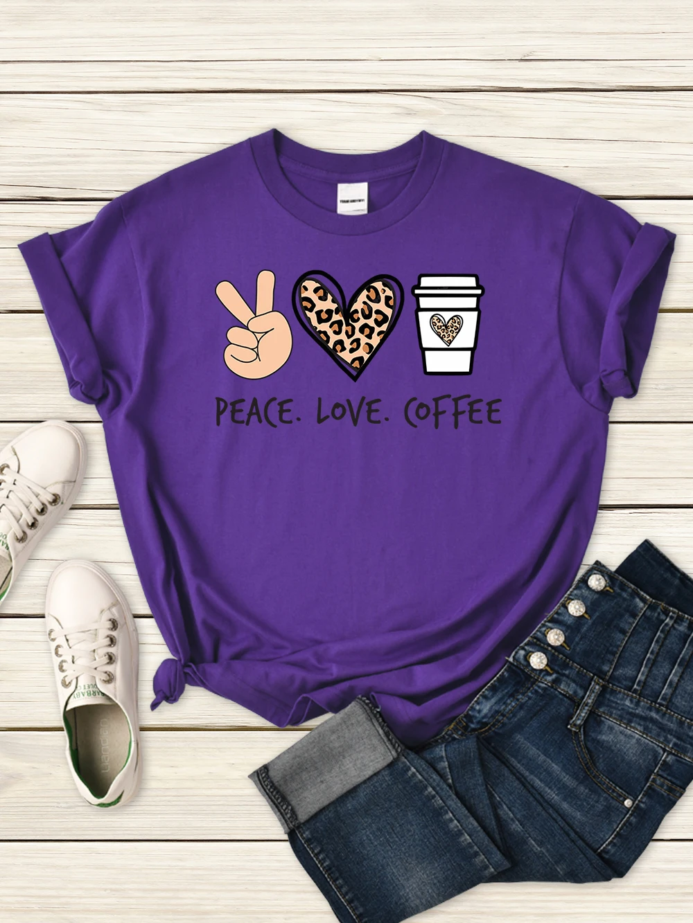 

Женская футболка с принтом Peace Love Coffee, уличные дышащие мягкие свободные топы с коротким рукавом, модная Корейская футболка для женщин