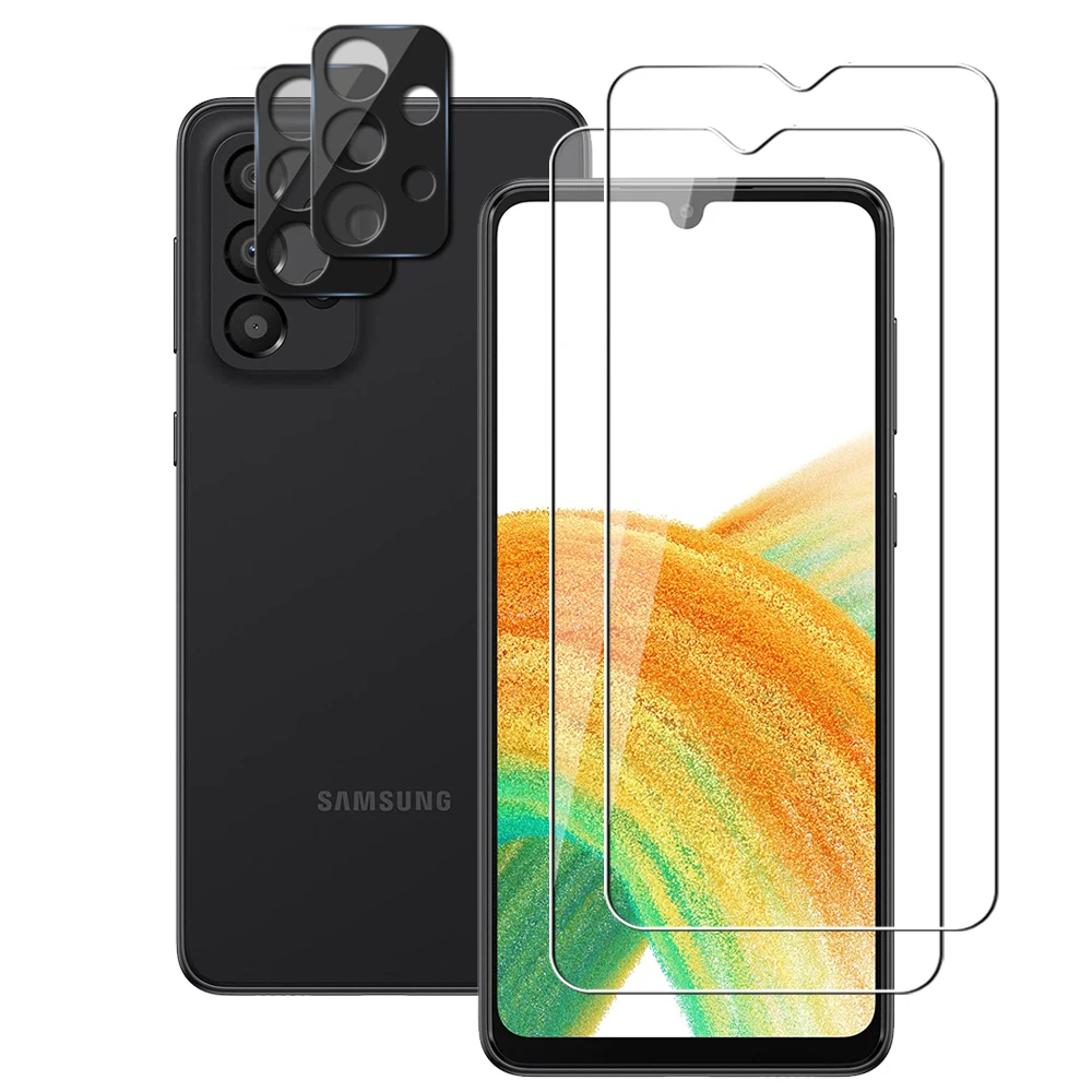 

(2+2) For Samsung Galaxy A33 5G (2pcs) Camera Lens Film & (2pcs) Protective Phone Screen Protector Tempered Glass Guard